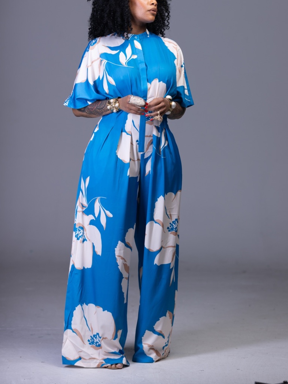 Blue Floral Maxi Dress with Cream Blooms
